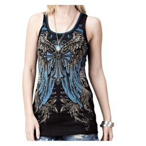 VOCAL‎ Top Women's Large Sleeveless Stretch Cross EMBELLISHED wings Moto Western